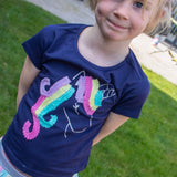 Danamade DTAMINKA Girls Short Sleeve T-shirt with Colourful Sequined Unicorn - Navy